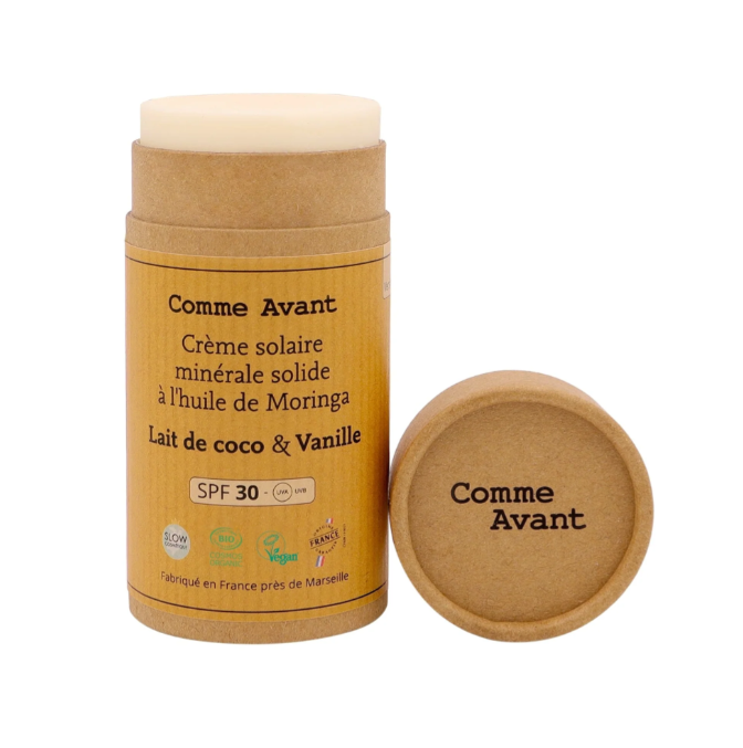 Comme Avant Crème solaire minérale solide SPF30 Vanille & Lait de coco BIO* 80 gr