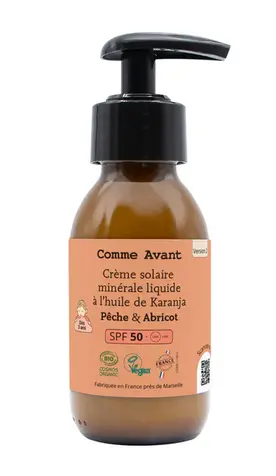 Comme Avant Crème solaire minérale liquide SPF50 BIO* à l'huile de Karanja Pêche&Abricot 90ml 