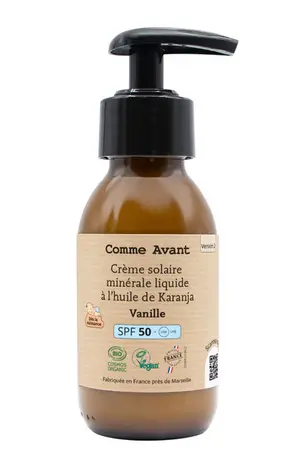 Comme Avant Crème solaire minérale liquide SPF50 BIO* à l'huile de Karanja Vanille 90ml