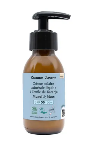 Comme Avant Crème solaire minérale liquide SPF50 BIO* à l'huile de Karanja Monoï&Musc 90ml