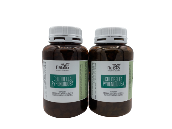 Chlorella pyrénoïdosa NABIO ACTION ,cure 100  jours, 2x600 comprimés à 250 mg. 2x150 gr.