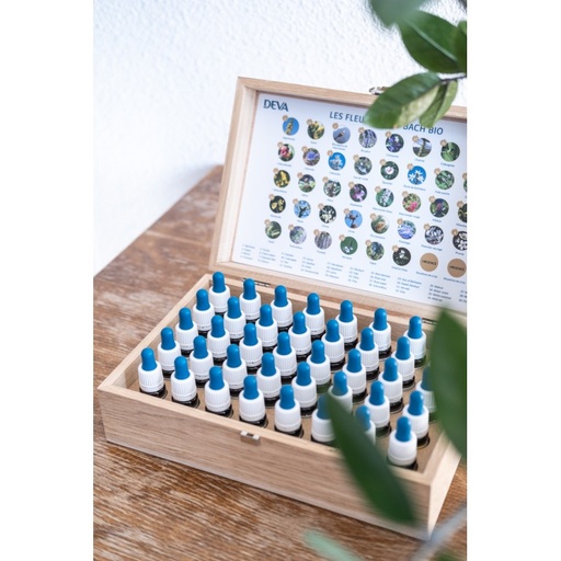 [GAMMBACBOI15] Elixirs floraux DEVA BIO, gamme COFFRET BOIS des 38 selon Dr Bach + 2x situation de crise (rescue) 15ml