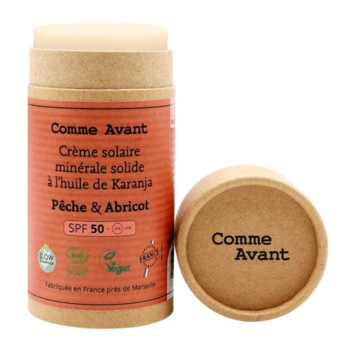 [COMMCREMSOLPECHABRI50] Comme Avant Crème solaire minérale solide SPF50 Pêche & Abricot BIO* 80 gr