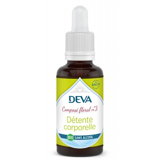 [DDETE30SAN] DEVA Composé floral BIO, n°03 DETENTE CORPORELLE 30ml SANS ALCOOL